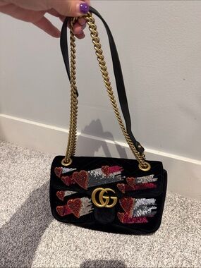 Gucci Black Velvet Shoulder Bag with Red Sequin Hearts and Gold GG